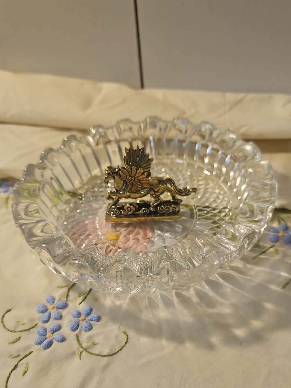 Crystal Scalloped Bowl with Brass Pegasus Trinket